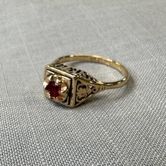 Vintage 14KGF Joseph Esposito Art Decor / Art Nouveau style Ring with Ruby - Picture 2 of 15